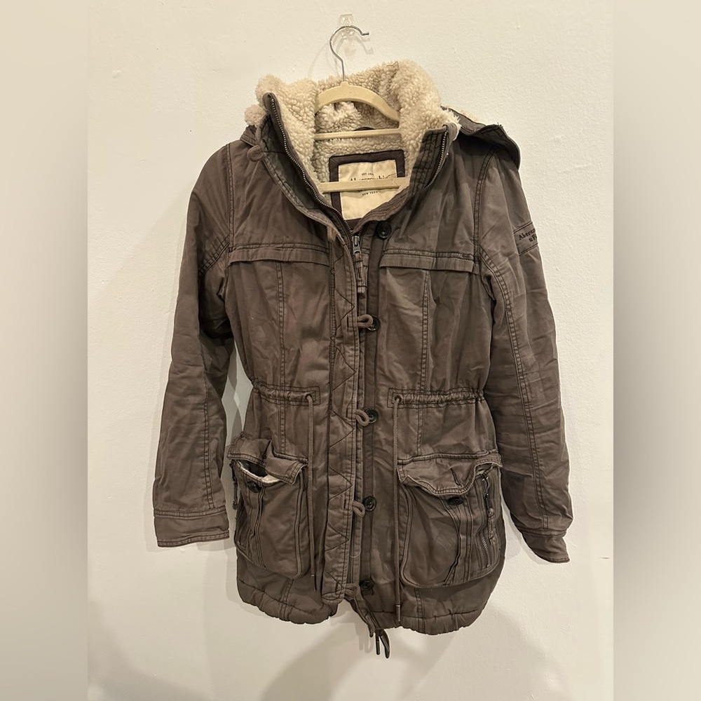 Abercrombie Olive Green Hooded Parka with Faux Fur Lining